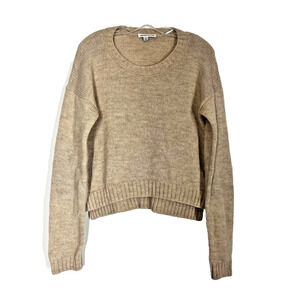 Alpaca Wool Blend Sweater Womens Beige Tan Suede Elbow Patch Crop Classic Cozy